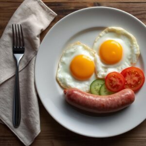 Яичница из двух яиц с сосиской и свежими овощами